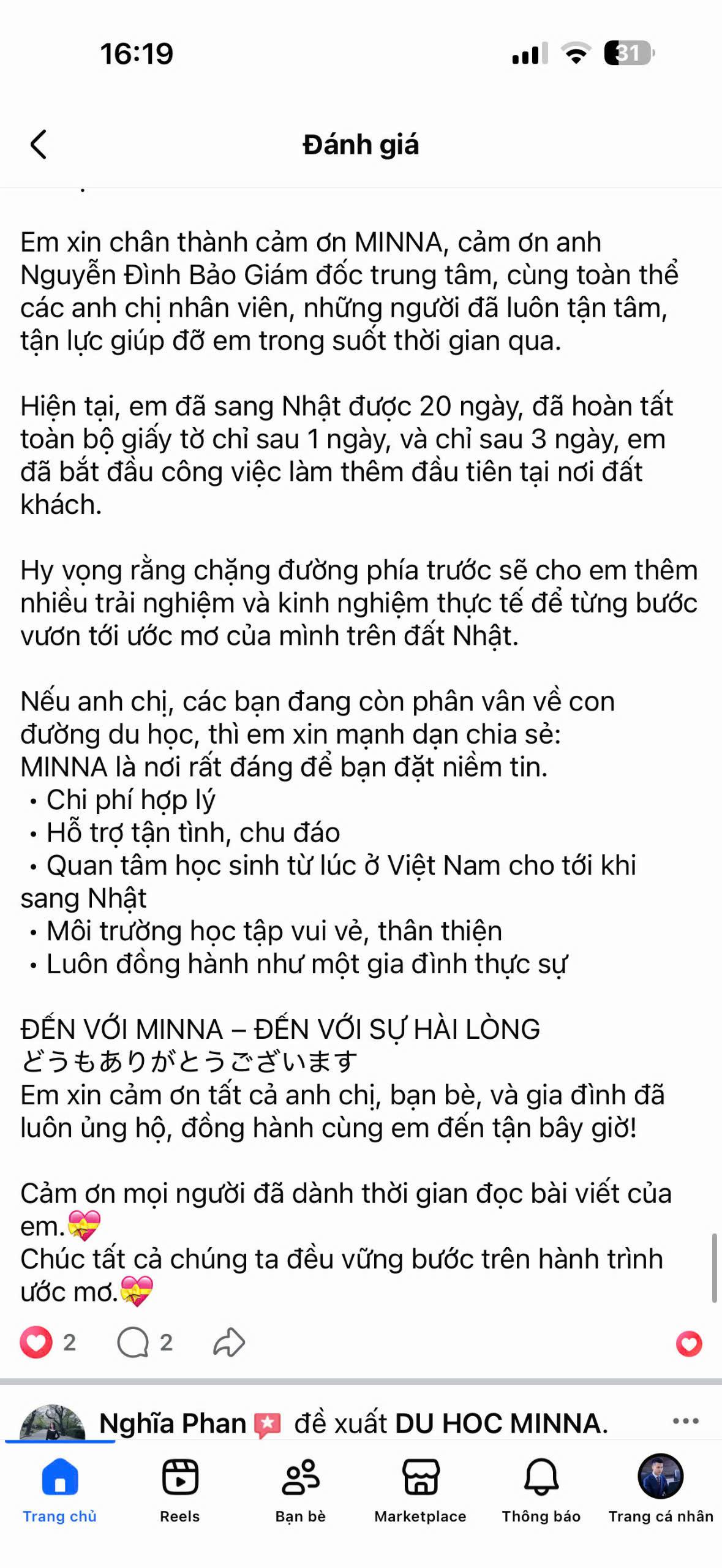 Đánh giá học viên MINNA 49